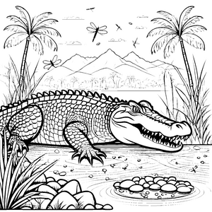 Das große Krokodil am tropischen Flussufer – Ausmalbild fuer kleine Entdecker