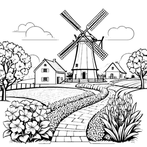 Idyllische Windmühle mit Blumenweg Bastelvorlage für fröhliche Naturfreunde