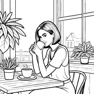 Stylische Bob-Frisur im Café: Malbild für Kaffeeliebhaber