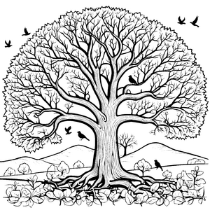 Prachtvoller Baum mit Vögeln Ausmalbild für malfreudige Waldkinder