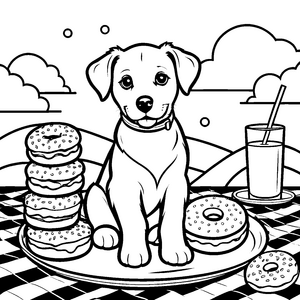 Verspielter Hund mit Donut-Turm Ausmalbild für kleine Tierfreunde