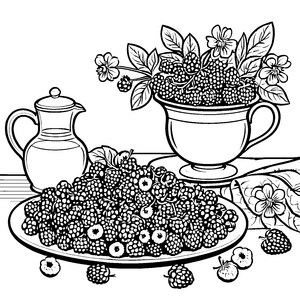 Üppige Himbeeren auf Teller und in Tasse Malbild für Beerenliebhaber