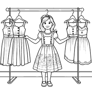 Das Mädchen im Bekleidungsgeschäft mit vielen schönen Kleidern Ausmalbild fuer kleine Entdecker