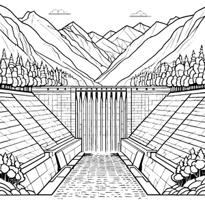 Imposanter Staudamm mit Wasserfall Bastelvorlage für kreative Bergfreunde