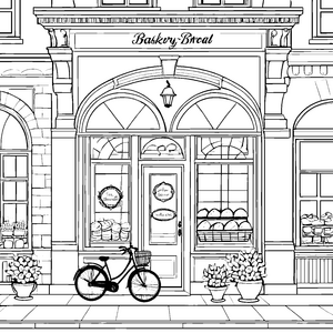 Heimelige Bäckerei mit Fahrrad Ausmalvorlage für Backwarenfans