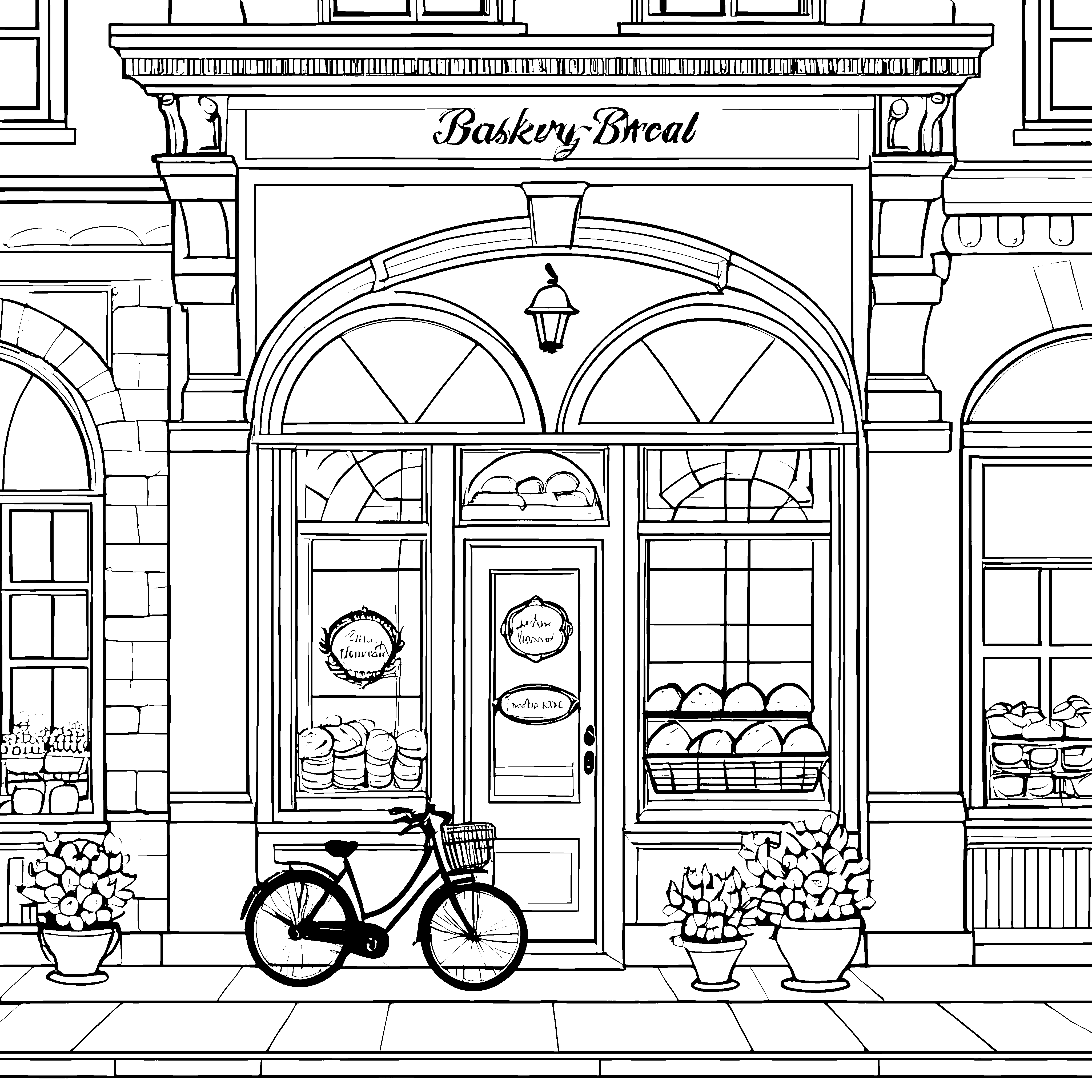 Heimelige Bäckerei mit Fahrrad Ausmalvorlage für Backwarenfans