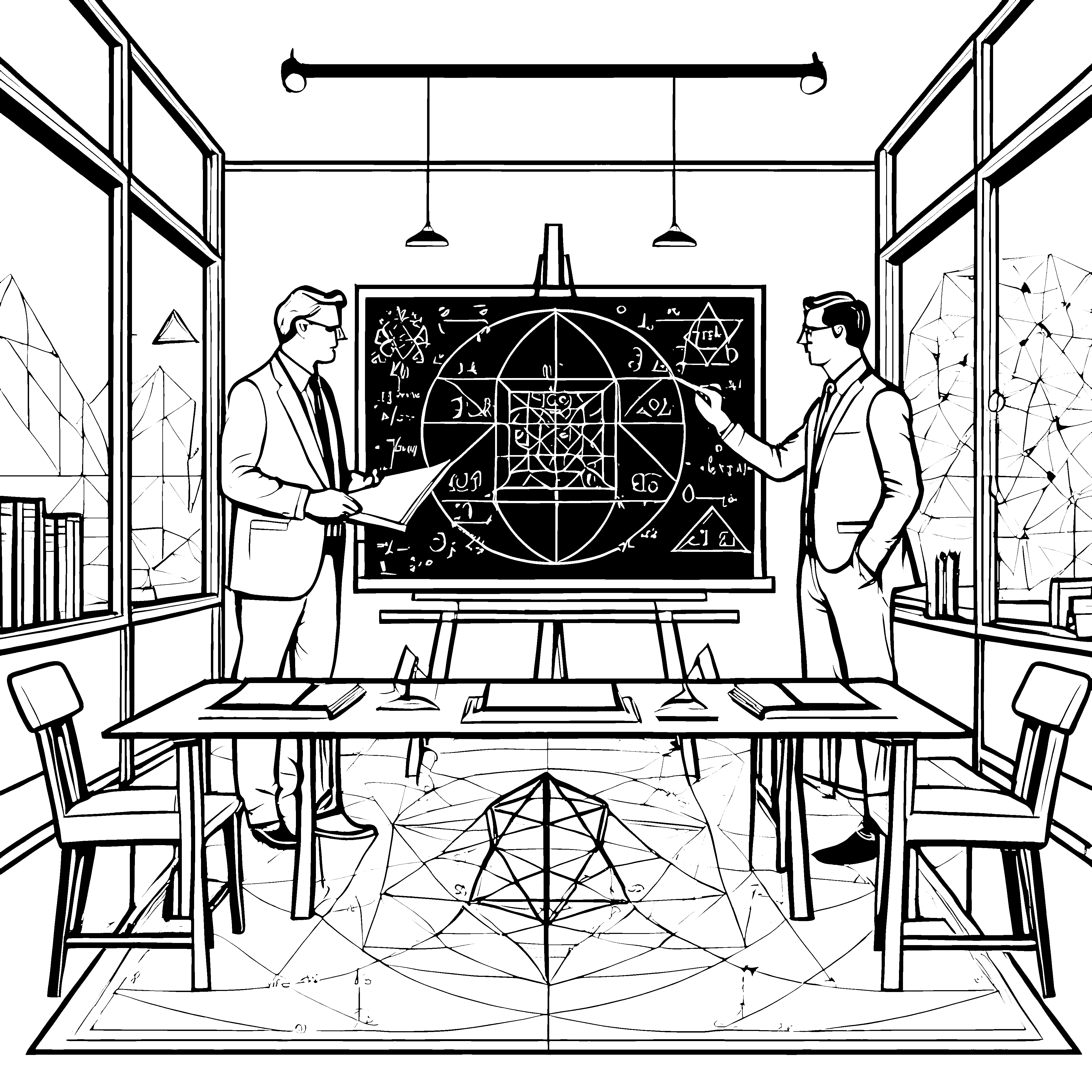 Fesselnde Mathematiker vor Formeltafeln Ausmalbild für kreative Zahlenfreunde