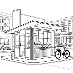 Moderner Kiosk mit Fahrrad Malbild für mutige Stadtforscher