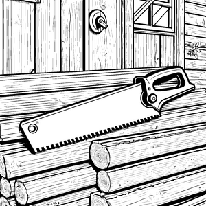 Rustikale Säge an Baumstämmen Ausmalvorlage für kleine Holzfäller