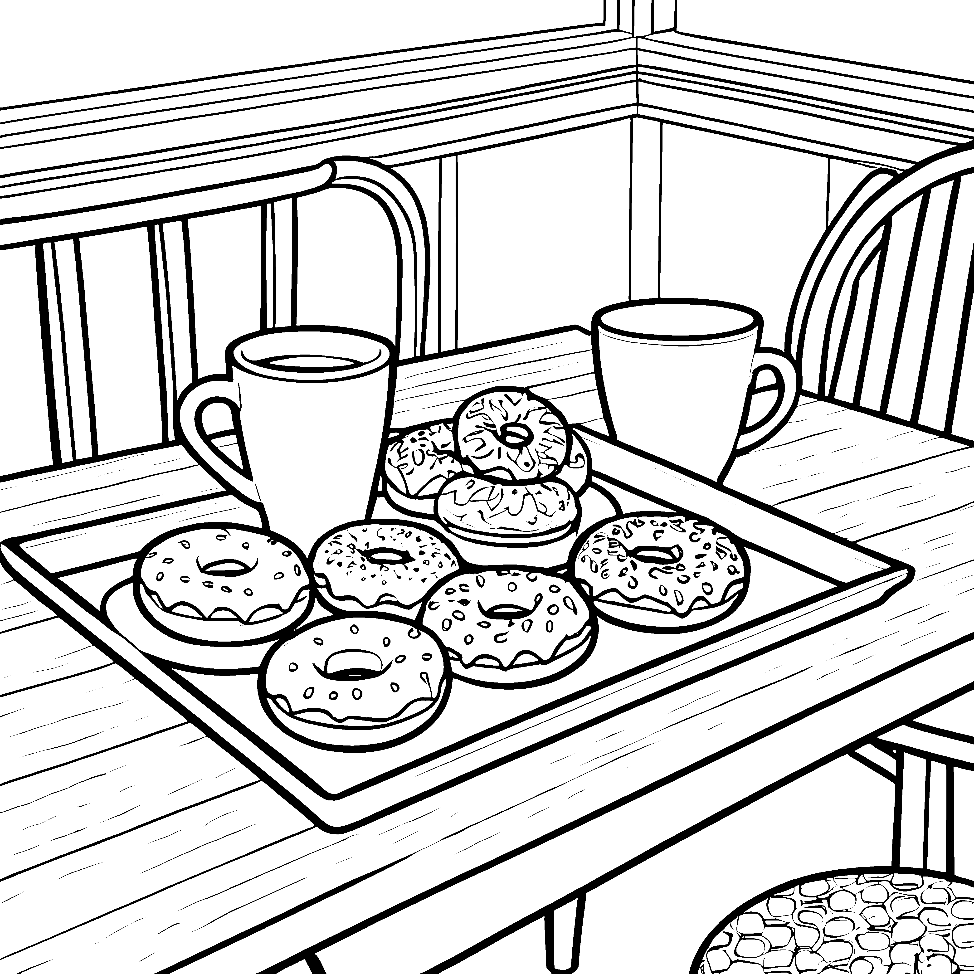 Appetitliches Donuttablett mit Tassen Bastelmotiv für malfreudige Kaffeetrinker