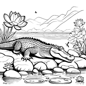 Das Krokodil am See mit Seerosen und Libellen - Ausmalbild fuer kleine Entdecker