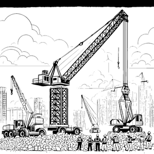 Große Baukräne und Arbeiter auf der Baustelle – Ausmalbild fuer kleine Entdecker