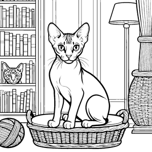 Gemütliche Sphynx-Katze im Korb Ausmalbild für kleine Bücherwürmer