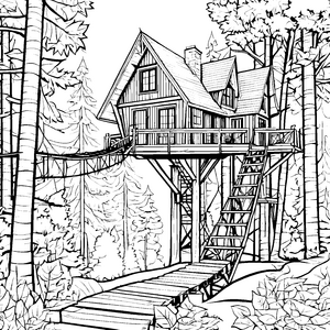 Abenteuerliches Baumhaus mit Holzbrücke Bastelmotiv für Waldfreunde