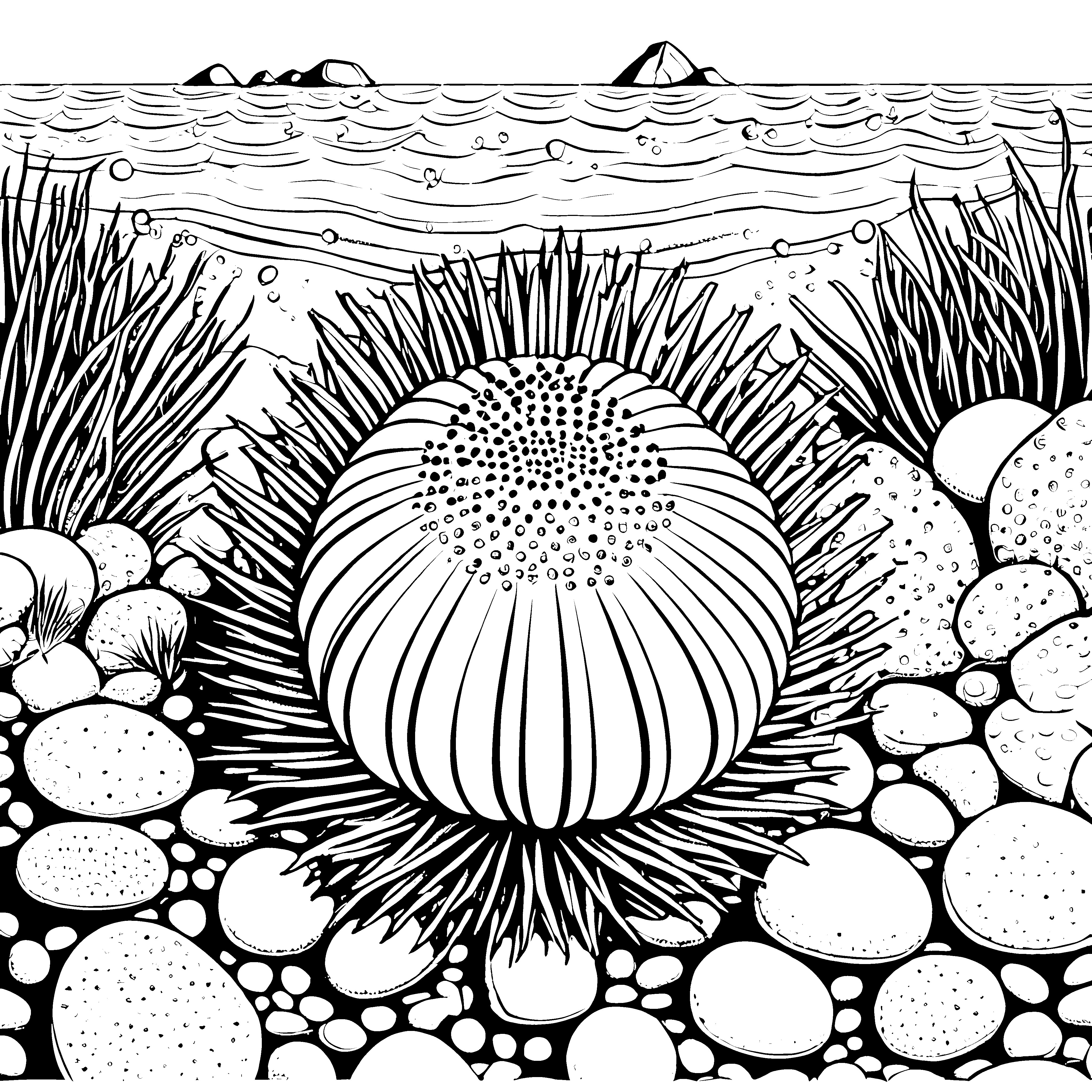 Stacheliger Seeigel mit Seegras Bastelmotiv für kreative Wasserforscher