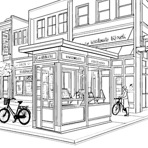 Städtischer Kiosk mit Fahrrad Bastelvorlage für verträumte Stadtforscher