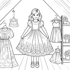 Das Mädchen im schicken Kleid im Kleidergeschäft Ausmalbild fuer kleine Entdecker
