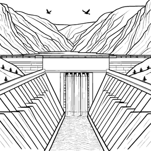 Imposanter Staudamm mit Vögeln: Ausmalbild für junge Wasserforscher