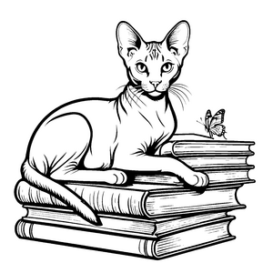 Sanfte Sphynx-Katze auf Büchern Malvorlage für Buchwürmer