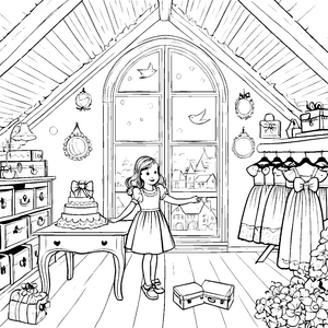 Das Mädchen im festlichen Kleid mit vielen Geschenken Ausmalbild fuer kleine Entdecker