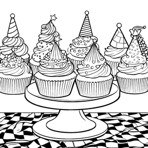 Festliche Cupcakes mit Sahnehäubchen Malbild für fröhliche Naschkatzen