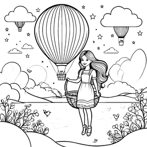 Mädchen mit glatten langen Haaren und Heißluftballon Ausmalbild fuer kleine Entdecker