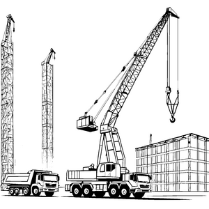 Große Baukräne und Lastwagen auf der Baustelle – Ausmalbild fuer kleine Entdecker