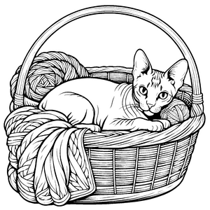 Entspannte Sphynx-Katze im Korb: Malvorlage für fröhliche Wollknäuelfreunde