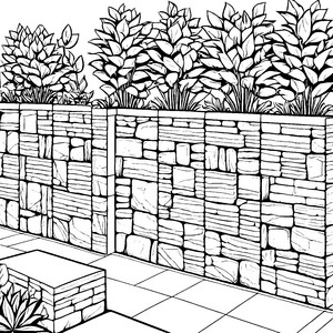 Rustikale Steinmauern mit Büschen Ausmalbild für kleine Gartenfreunde