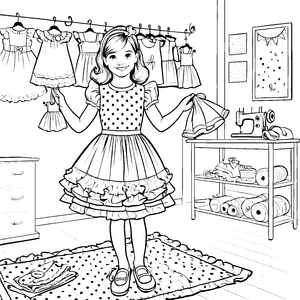 Das kleine Mädchen im Atelier mit vielen schönen Kleidern Ausmalbild fuer kleine Entdecker