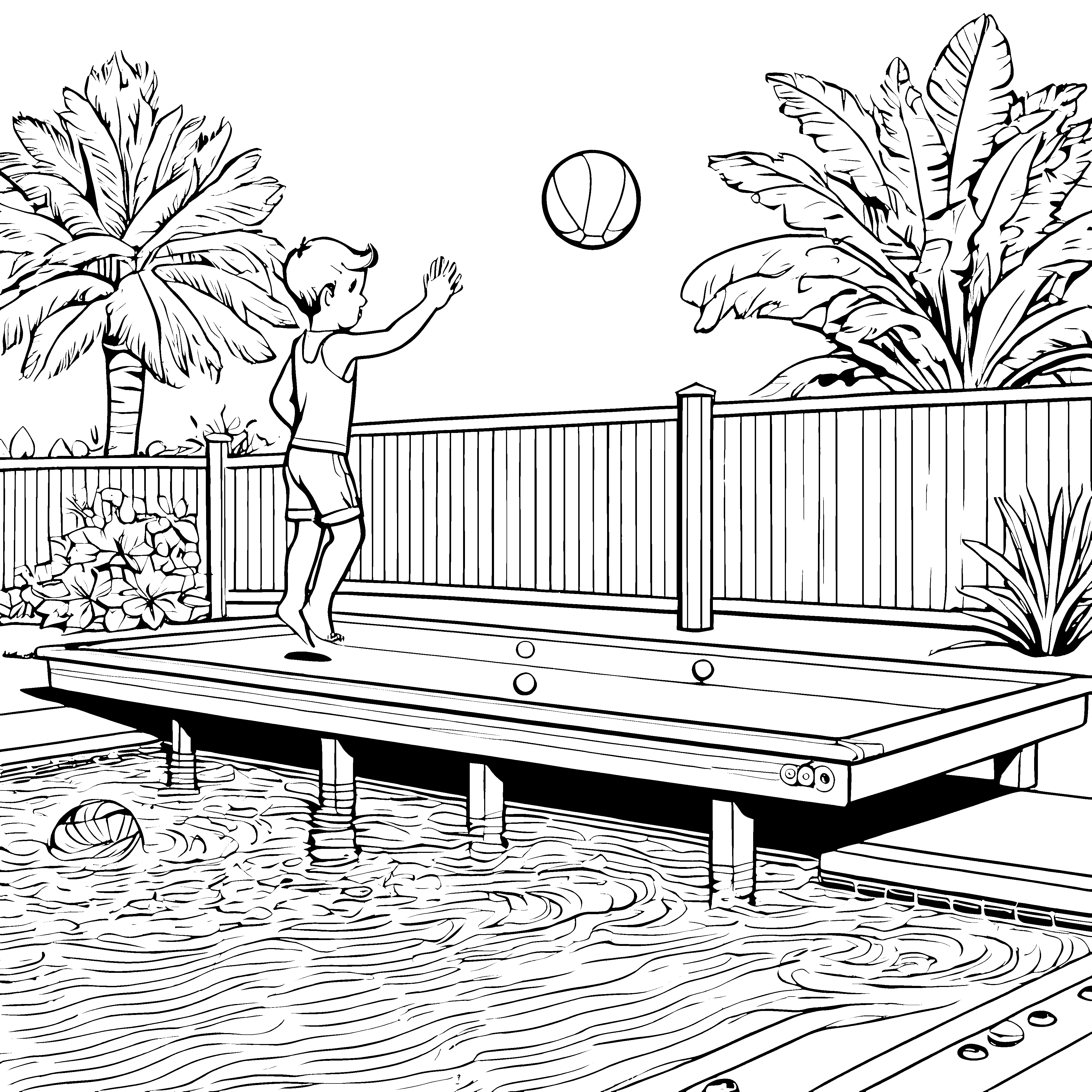 Tropisches Sprungbrett mit Ball Ausmalvorlage für verträumte Wasserfreunde