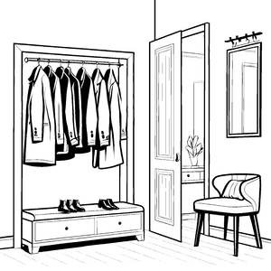 Geordnete Herrenmäntel an der Garderobe Malvorlage für malfreudige Kleiderschrankfreunde