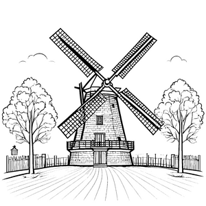 Prachtvolle Windmühle mit Bäumen Ausmalbild für verträumte Naturkinder