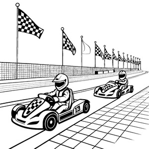 Turboschnelle Go-Karts mit Flaggen Malvorlage für kreative Rennfahrer