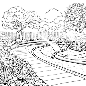 Gewundener Gartenschlauch auf dem Weg Malbild für malfreudige Gartenfreunde