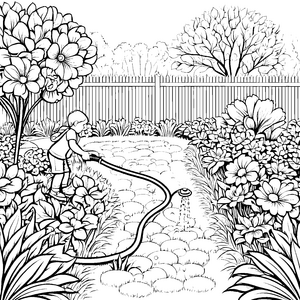 Fröhlicher Gartenschlauch im Blumengarten Bastelvorlage für kreative Gartenfreunde