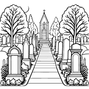 Friedlicher Friedhof mit Kapelle Ausmalvorlage für malfreudige Gedenkfreunde