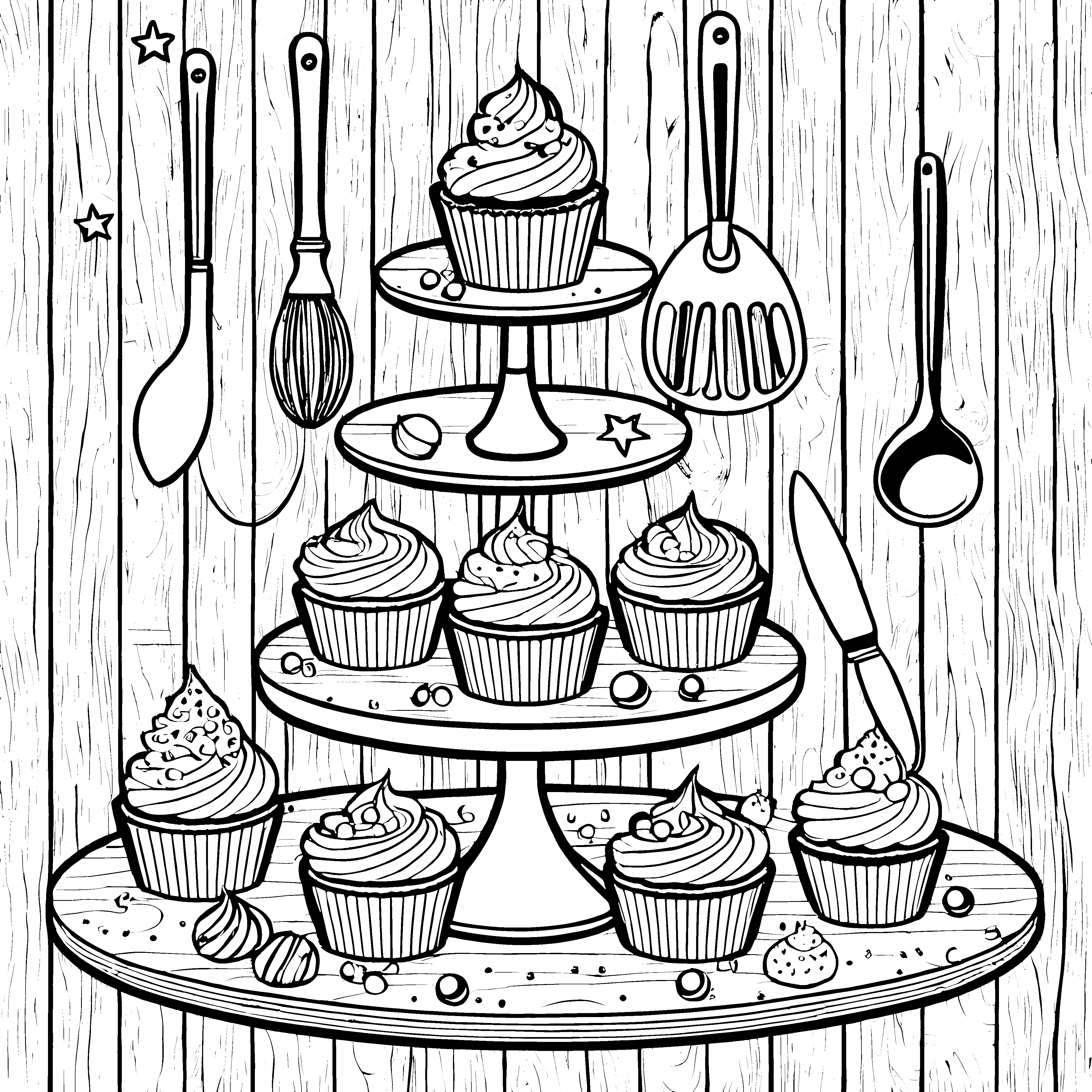 Festliche Cupcakes auf Etagere Ausmalbild für fröhliche Backbegeisterte