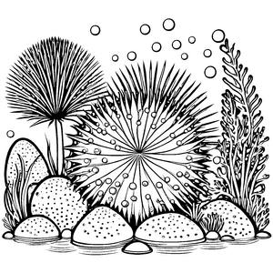Stacheliger Seeigel mit Meerespflanzen Ausmalbild für malfreudige Wasserforscher