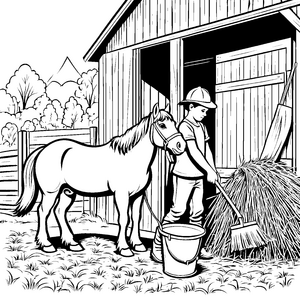 Fleißiger Stallputz mit Pferd und Besen Ausmalbild für verträumte Bauernhoffreunde