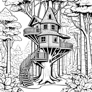 Fantastisches Baumhaus mit Balkonen Bastelvorlage für Waldkinder