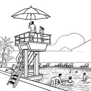Aufmerksamer Rettungsschwimmer am Pool Malbild für Wasserfreunde