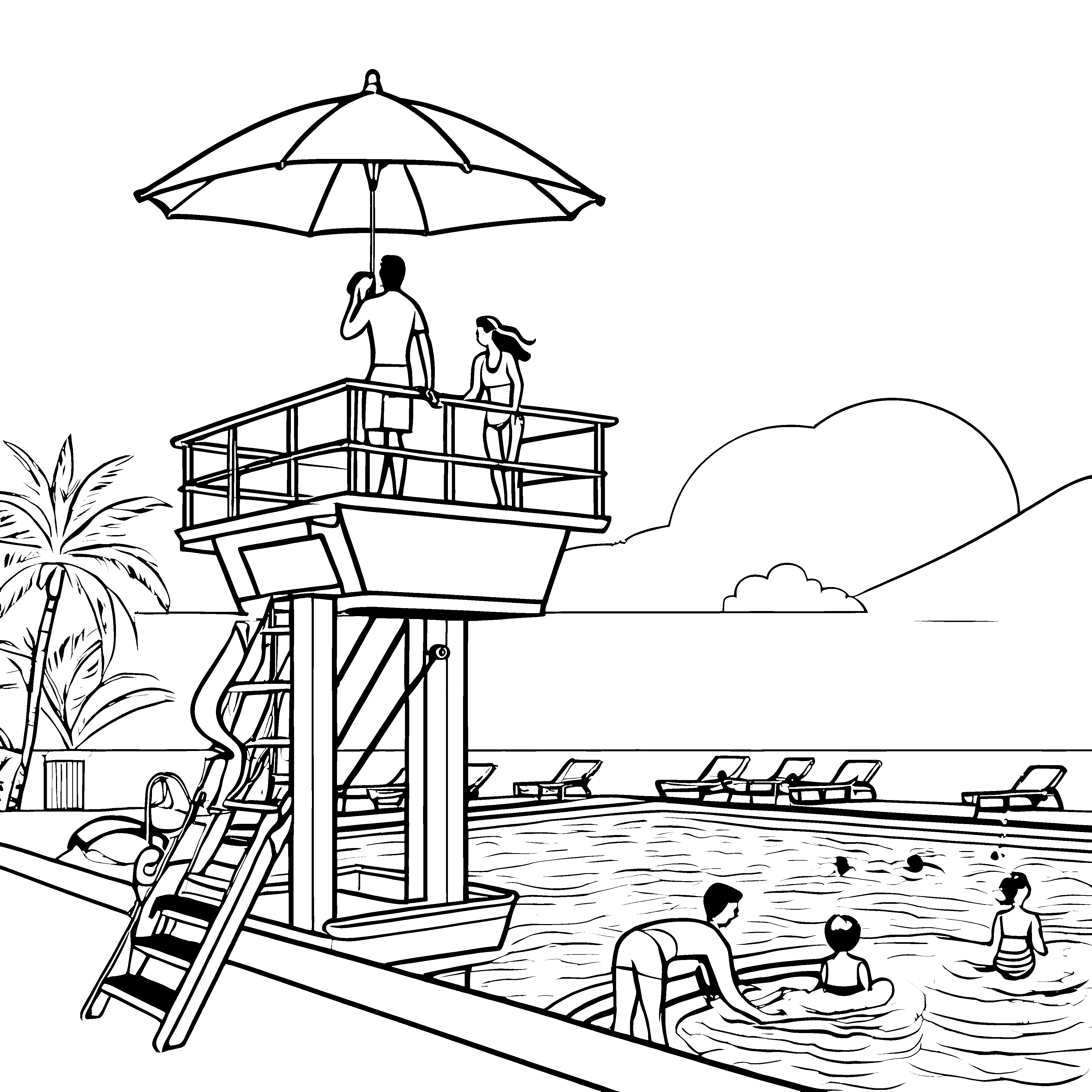 Aufmerksamer Rettungsschwimmer am Pool Malbild für Wasserfreunde