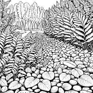 Mystische Farne am Steinpfad Ausmalbild für mutige Waldkinder