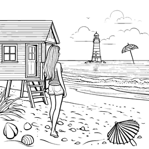 Mädchen mit glatten langen Haaren am Strand mit Leuchtturm Ausmalbild fuer kleine Entdecker