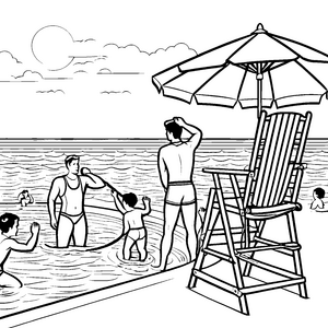 Mutiger Rettungsschwimmer mit Leine Ausmalbild für kleine Wasserhelden