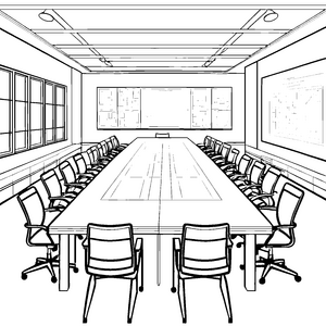 Moderner Konferenztisch mit Bürostühlen im Bastelmotiv für verträumte Büroplaner