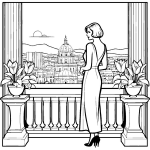 Elegante Frau mit Bob-Frisur auf dem Balkon Bastelvorlage für neugierige Stadtträumer