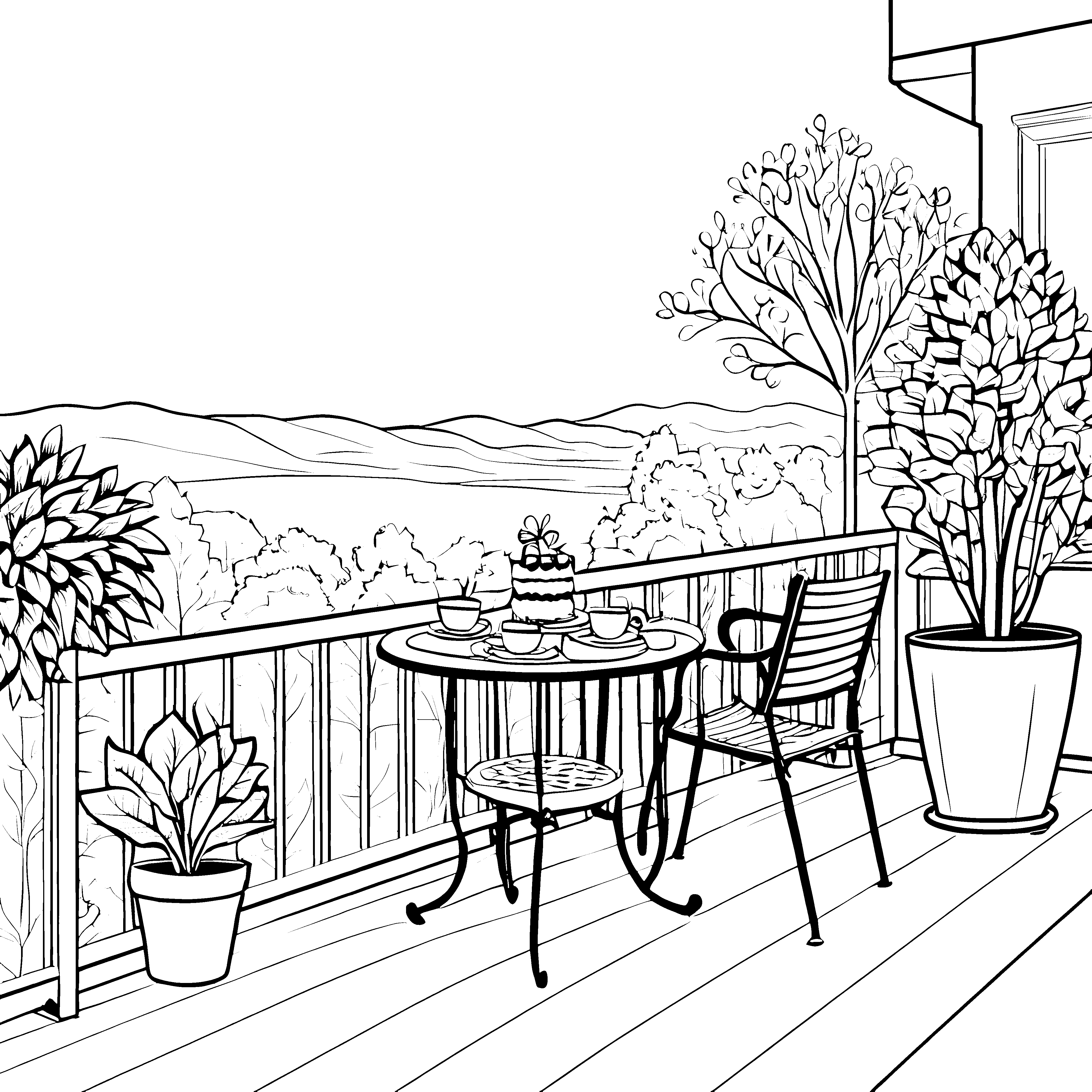Idyllischer Balkontisch mit Torte Ausmalbild für kleine Terrassenfreunde