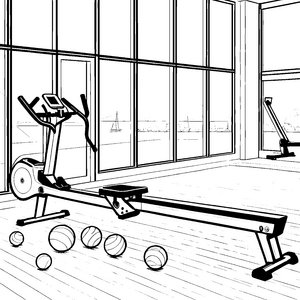 Modernes Rudergerät mit Medizinbällen: Malvorlage für Fitnessbegeisterte